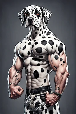 Dalmation with human face and big muscular arms