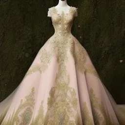 stunning couture gown designed by Marchesa inspired by fairytales, realistic, detailed, high quality, intricate, dreamlike background, soft pastel colors