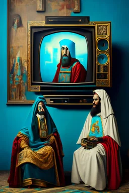 two paintings with two people with tv, in the style of reimagined religious art, quirky sense of humor, 8k, hieratic visionary, photojournalism, distinctive characters, cryptopunk