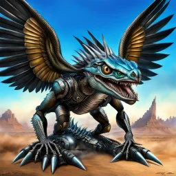 Lucky Stryker, Jet eagle lizard human combination, biomechanical surrealism, 4 limbs, 2 metallic wings, one jet engine, 2 eyes, big toothy smile