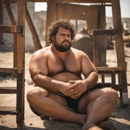 extreme close up photography of a sicilian ugly burly serious wet sweaty, chubby strong fat carpenter, shirtless, boxer, bulge, manly chest, very hairy allover, big goatee 26 years old, curly short hair, sit sleeping with open legs on a little chair , on a construction site in the middle of a road, under the August sun, emotional eyes, , hyper-realistic, photorealistic , frontal view from the ground