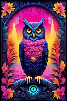 a pink and yellow snow owl, 3D embossed textured ethereal image; midnight hues, extreme colors, snow owl by a river; trippin', psychedelic, groovy, art nouveau; indica, sativa, leaves, gig poster art, macabre, eldritch, bizarre, extreme neon colors, mixed media, velvet, blacklight, uv
