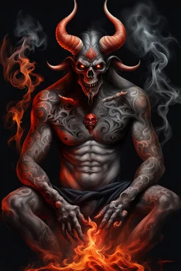 smoking attraktive demon with tattoo in hell, dark magic, light red black and white dark grey , dark steel dark red, orange, grey light orange, dark evening, digital art, dark shadows, smoke, fire, professional photo, photorealistic, highly detailed, masterpiece