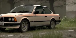 an abandoned 1990 bmw 2-door overgrown by nature with dust ,ultra realistic,concept, 4k ,on street, parked in crowded city winter,8k resolution, high-quality, fine-detail