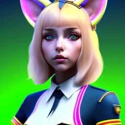 waitress teenager, Caucasian race, cat ears latex headband, rounded face, blonde hair, short hair, light makeup, striped shirt, vibrant color, highly detailed, gradient background, concept art, smooth, 16 bit, unreal engine 5, god rays, ray tracing, RTX, lumen lighting, ultra detail, volumetric lighting, 3d, finely drawn, high definition, high resolution.