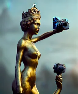 Statue of Queen of photography holding camera in hands. Cute blonde woman. Photographer in golden crown. Standing on the street. Big camera in her hand. hyperdetailed, photorealistic, trending on artstation, greg rutkowski, beksinski, kodachrome, volumetric lighting, gold and cyan