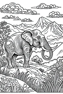 DRAW TO COLORING OF A ELEPHANT ON A MOUNTAIN, BLACK AND WHITE CARTOON STYLE, LOW DETAILS, THICK LINES, NO SHADING LINES