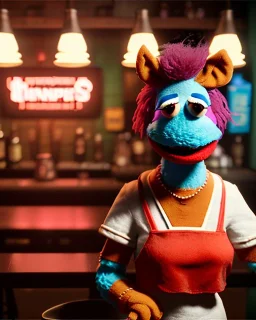 Pub scene, hybrid character, waitress woman with monster muppet mask that covers her entire head, retro style, Sesame Street style, smooth, unreal engine 5, god lights, ray tracing, RTX, lumen lighting, ultra detail, volumetric lighting, 3d.