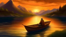 Could you help me create an oil painting-style landscape featuring an elderly man seated alone in a solitary boat? In the distance, there should be a tranquil lake and captivating mountains, with the sky adorned by the golden hues of a setting sun. I envision the old man's expression to be serene yet filled with stories, and the small boat seamlessly blending into the surrounding nature, portraying a scene of tranquility and warmth.