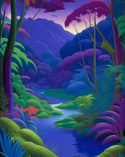 A purple jungle with a river painted by Henri-Robert Bresil