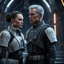 a bold and heroic bald male Corellian pilot in black and grey First Order special forces gear meets a female Jedi Master in ancient, mystical temple, hyperdetailed, dynamic lighting, hyperdetailed background, 8k resolution, volumetric lighting, light skin, fully symmetric details