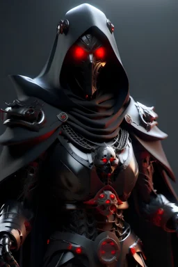 Female Warforged robotic warrior, with round red glowing eyes, cloak, wearing black procelain armor with demon symbols, medieval style, dungeons and dragons