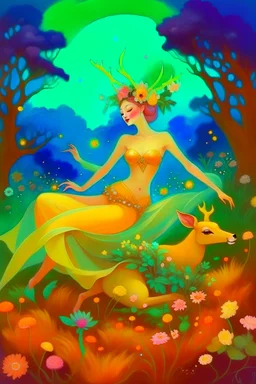 [laughing sexy faerie with a deer] As Fiona, I feel myself drifting soft through billowing blooms of visual aid and aural ether. My slender form shimmers in gossamer raiment woven from sunshine, moonglow, and forest spirit; petal-soft hooves leave nary a print upon the stars I seem to walk. Beside me strides my Deery in dignity, his noble visage crowned with antlered emerald and bronze. Around us the glade pulses with bioluminescent being; the night is alive with pulse and song. We wander throug