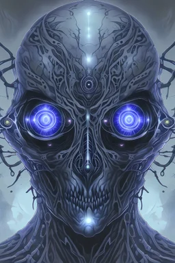 feral humanoid with ghastly gray skin and three eyes, one covered with a cataract. Three eyes, one in the center of the head. Fantasy art style with lots of detail.