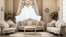 a vintage room where everything is lace and made of lace. there is lace on the couch, where the cushions are lace, the wall is decorated with lace, there is lace on the table, the vase is decorated with lace, beautiful pale lace curtains hang in front of the window, the pattern of the vintage carpet is lace-shaped, and there is a lace tablecloth on top of the television, and the on a bookshelf. Everything is covered in lace and an old doll in lace is sitting on the couch. intricate details, pho