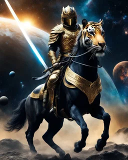 Realistic photography take photoshoot from far,front view of a humanoid warrior tiger wearing clothing armor golden his hand hold sword,on riding a black horse , flying in space, on galaxy surrounded by planets