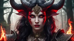 picture of a (female demon:1.1), epic demon with horns, official hdr work, red blood, intricate wlop, howard brody, tarot card fool, nationalist, imaginfx, old scroll, magic forest, soft light