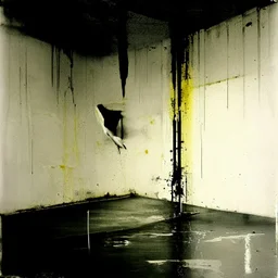 Minimal abstract oil paintings and graffiti in a desolate 1960s carpark concrete fragments and road markings. Broken pipes. In the style of Justin Mortimer and Francis Bacon. Muted yellows.