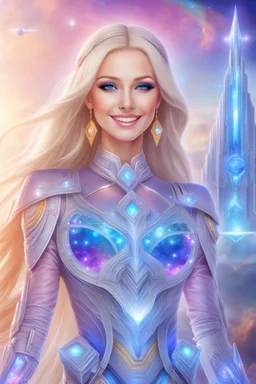 cosmic woman smile,beautiufos rainbow, admiral from the future, galactic confédération, fine whole face, crystalline skin, expressive blue eyes,rainbow, smiling lips, very nice smile, costume pleiadian, Beautiful tall woman pleiadian Galactic commander, ship, perfect datailed golden galactic suit, high rank, long blond hair, hand whit five perfect detailed finger, amazing big blue eyes, smilling mouth, high drfinition lips, cosmic happiness, bright colors, blue, pink, gold, jewels, realist,