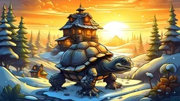 Draw me a picture in a realistic cartoon style of a turtle looking fast and riding a fast machine in a forest and wonderful snow houses with a beautiful sunset.