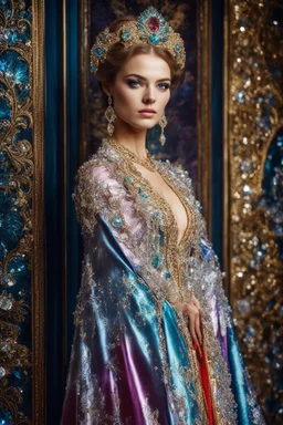 Gorgeous photography half body Beautiful super model Russian dressing Luxury gown Victorian colorful art conceptual, amazing artwork,close-up portrait,crystal ornaments background