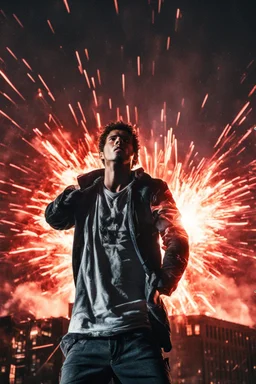Young man standing, with arms raised, in front of an exploding building at night, with red lightening around him