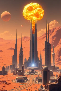 Manet Nuclear explosions on Mars modern city future buildings and towers, modern architecture future building