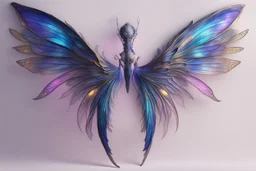 a sleek and sophisticated (((modern intricate iridescent fairy wing))), featuring highly detailed and accurate full body back views that incorporate human anatomy elements like ribcage, spine, shoulder blades, and hip bones. Colors blending blue, dark blue, purple, gold, and silver give off a softly glowing pink hue at the wing tips, highlighting the fantastical interplay of light and shadow