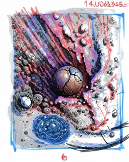 High-altitude lunar reconnaissance satellite image of a young impact crater with larger regolith along right ride. A damaged metallic alien sphere with fracture lines like an egg. organic growth across regolith and up crater walls. Along the lower frame edge a small modern bare-bones lunar-vehicle sits near the rim with visible wheel tracks. comic pencils