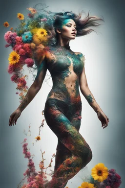 Dynamic ink art by alberto seveso of a full woman body shot, long legs ,crawn, wide shot, cyberpunk plants and flowers, neon, vines, flying insect, front view, dripping colorful paint, tribalism, gothic, shamanism, cosmic fractals, dystopian, dendritic, artstation: award-winning: professional portrait: atmospheric: commanding: fantastical: clarity: 64k: ultra quality: striking: brilliance: stunning colors: amazing depth, cute colorful lighting (high definition)++, photography, cinematic, detaile