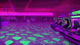 A dark photo of the corners of an 80's aesthetics arcade at night, with a lot of functioning arcade machines, a vaporwave floor and some colorful tiles in between the floor. Purple aesthetics.