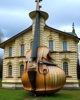 A giant mansion that's shaped like a violin painted by Edvard Munch