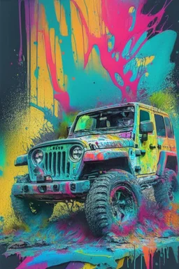 jeep on a terrain, graffiti art, splash art, street art, spray paint, oil gouache melting, acrylic, high contrast, colorful polychromatic, ultra detailed, ultra quality, CGSociety abstract art complementary colors fine details