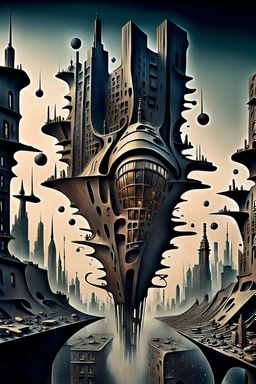 a stunningly weird image of a futuristic metropolis using Salvador Dali's paranoiac-critical method, where buildings and structures appear to melt into the skyline cityscape is filled with floating mad, twisted sharp metal shapes that interact with the buildings and each other, forming a surreal tableau of a dreamlike reality. neu-steampunk vibe, essence of the scene in a cinematic manner, with dramatic shadows that enhance the distorted perspectives and bizarre
