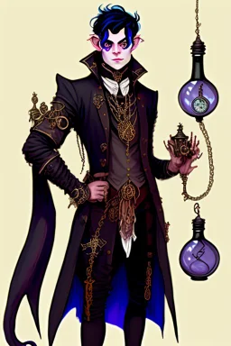 Young tiefling nobleman alchemist with black hair horns and large reptilian tail steampunk jewelry and potion bottles in the style of Charles Addams