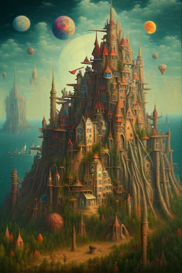 A surreal landscape with odd houses in Max Ernst style