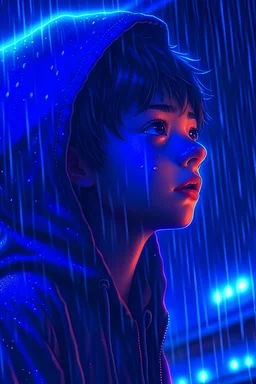 realistic anime boy looking up in rain, 8 k quality, detailed painting, neon