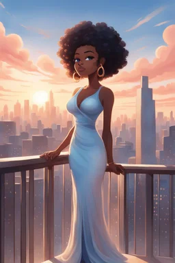 The scene opens onto a serene balcony overlooking a bustling city skyline. The sky above is painted in soft hues of blue and peach as the sun begins its descent, casting a warm glow over everything it touches. In the foreground stands a captivating figure, airbrush chibi cartoon curvy black woman exuding confidence and elegance. She is adorned in a flowing white knit maxi dress that hugs her curves in all the right places, accentuating her silhouette. Her choice of footwear is equally stunning