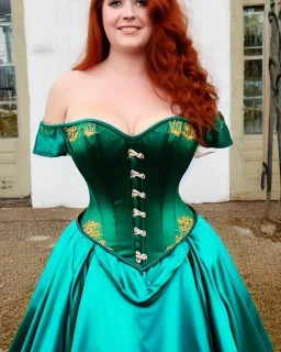 Magic princess with long auburn hair in a big teal green and gold satin ballgown corset off shoulder top casting magic