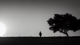 Lone man walking away into the sunset