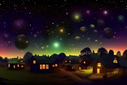 shot of town's entire population staring up to see dozens & dozens of brilliantly illuminated planet sized orbs polka dotted in the starry heavens above. fictitious runaway hit vintage sci fi wifi dystopian horror mystery fantasy tv series. award winning set design/special effects. exterior shot. bountiful landscape beneath the moon & Milky Way.