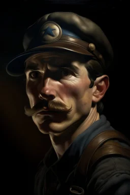 A portrait of ((Super Mario)), dramatic lighting, emotional intensity, tenebrism, soft edges, oil on canvas, romanticism, realism, chiaroscuro, by Annie Leibovitz
