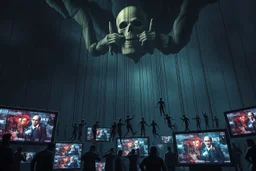 a corrupt government looms above, pulling the strings of hundreds of marionettes dangling below it, the news media broadcasts the marionettes' suffering on screens everywhere, dystopian, horror