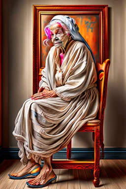 an old wrinkled woman sitting on a wooden chair, half dressed in dropped cloth, she is on display in a high end white art gallery, she is quite and no emotions, the original painting of Venus is on display on the wall, .ultra realistic photo,. highly detailed 32k, strange and weird modern art creation, surrealistic image