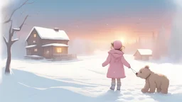 Carton style Little girl with bigg teddy bear in snow filled village with beautiful sunset