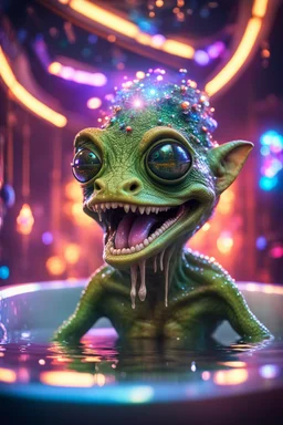 portrait of ultimate transcendent happy disco helmet wested pimp goblin croc alien frown with spotlights and huge dripping forked tounge sticking head out of a bathtub portal, in front of space portal dimensional glittering device, bokeh like f/0.8, tilt-shift lens 8k, high detail, smooth render, down-light, unreal engine, prize winning