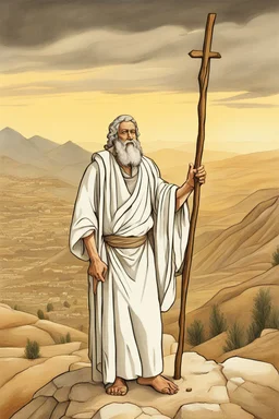 Moses stands on a mountain and holds a crooked wooden staff, at his feet are stone tablets on which the ten commandments of God are written, and below is a valley with the cities of Palestine where milk and honey flow. sand, palm and mountains. There is a silhouette of God in the sky. Everything is painted in oil painting with high-quality drawing of details