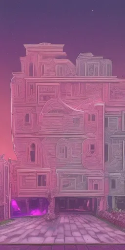 Snoop dogg. a chair. pink houses, pink sky, pink smoke, trees