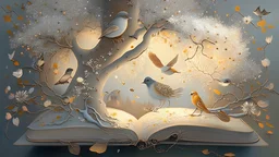 an art book with an illustration of birds in the tree and flowers, in the style of light silver and light amber, whimsical dreamscapes, american scene painting, aerial view, whimsical animals, snow scenes, glistening