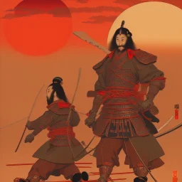 human Samurai Japanese Ukiyo-e, red sun in the background, walking in the mountains